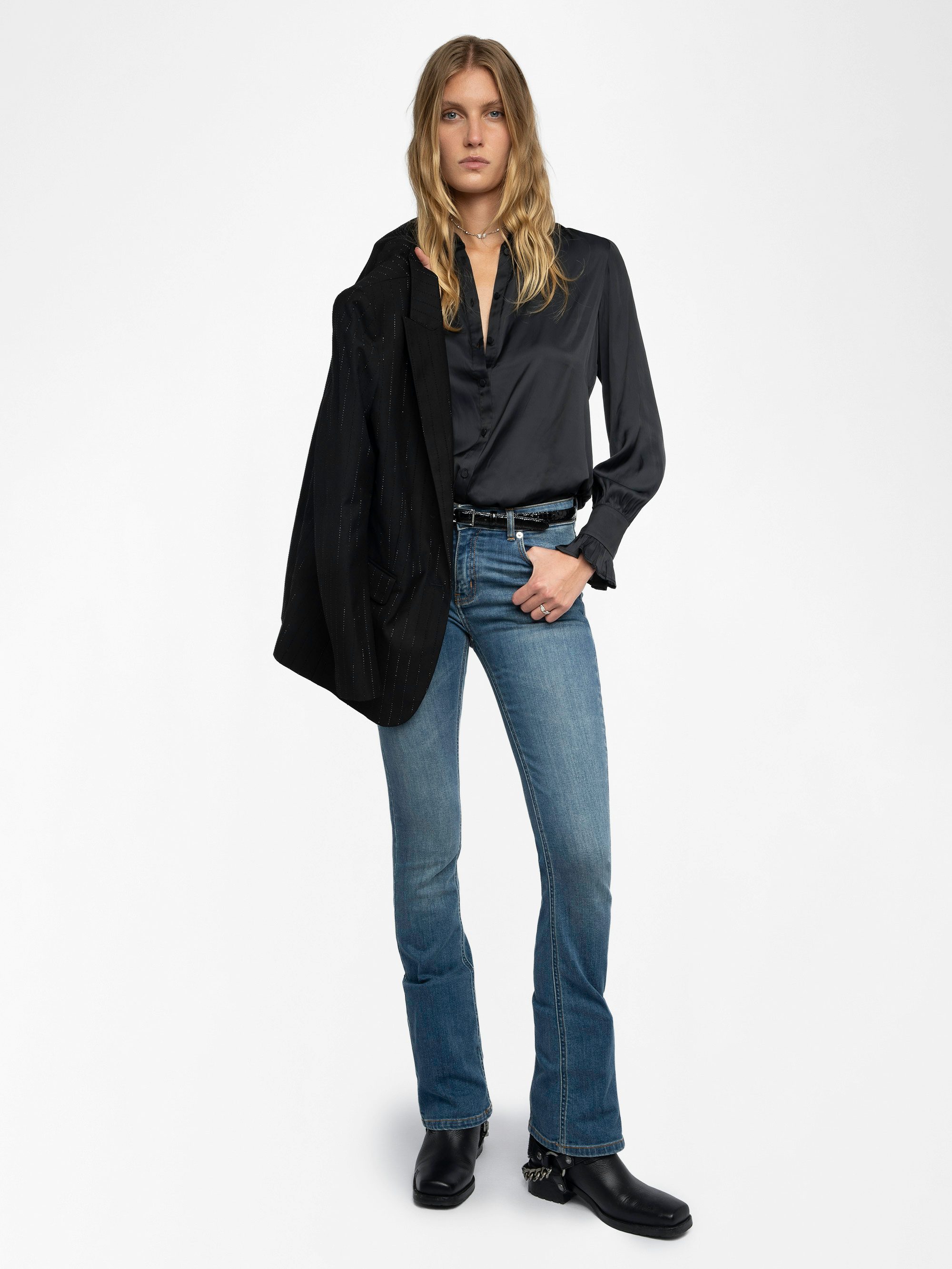 Thely Satin Shirt - Satin shirt with long sleeves, button fastening, and a wing-shaped rhinestone detail on the back.